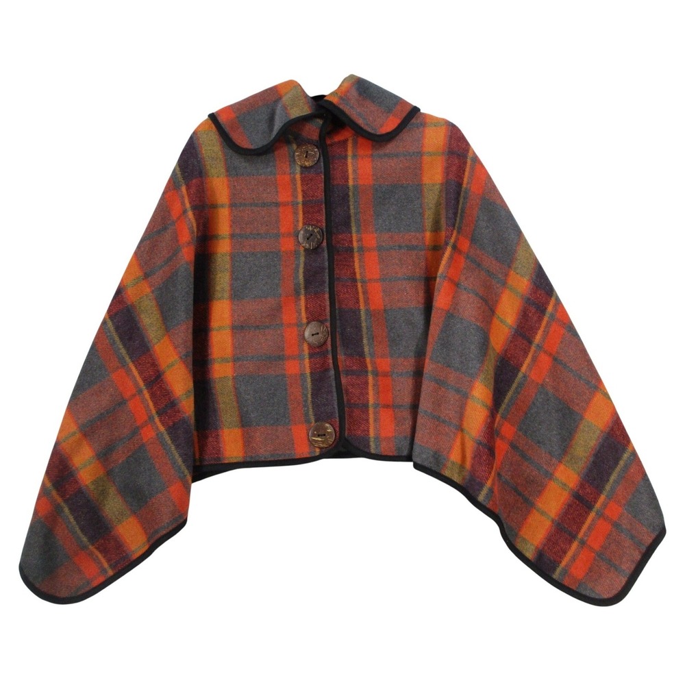 Plaid Capelet Jacket Orange Grey Tartan Peter Pan Collar Cropped Cape Coat Women